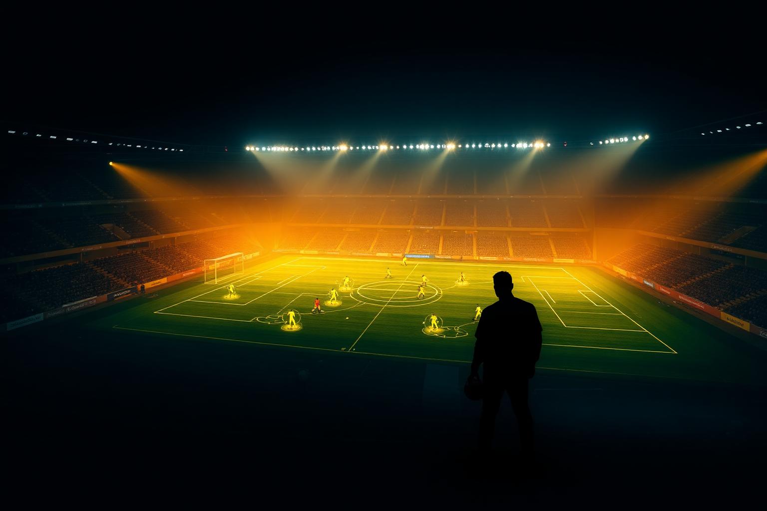 Footballer reading the pitch under stadium lights